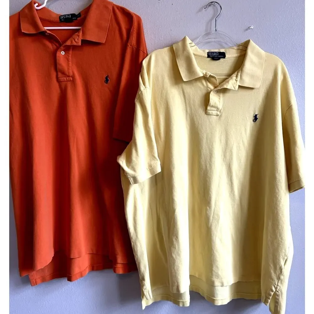 Lot 2 Polo Ralph Lauren Solid Short Sleeve Polo Shirts 3XL/BIG Y2K Orange Yellow